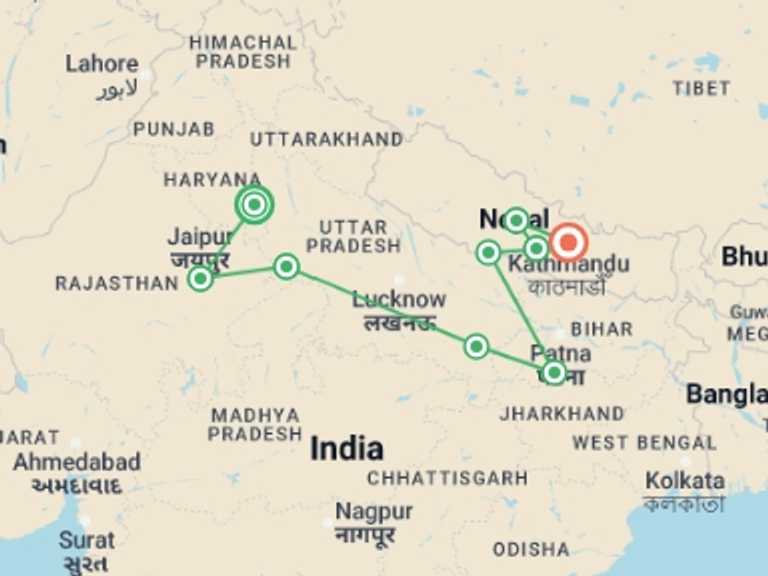 Map of New Delhi Natural landmarks sightseeing Tour with 9 destination visits for the trip: Highlights of Northern India & Nepal