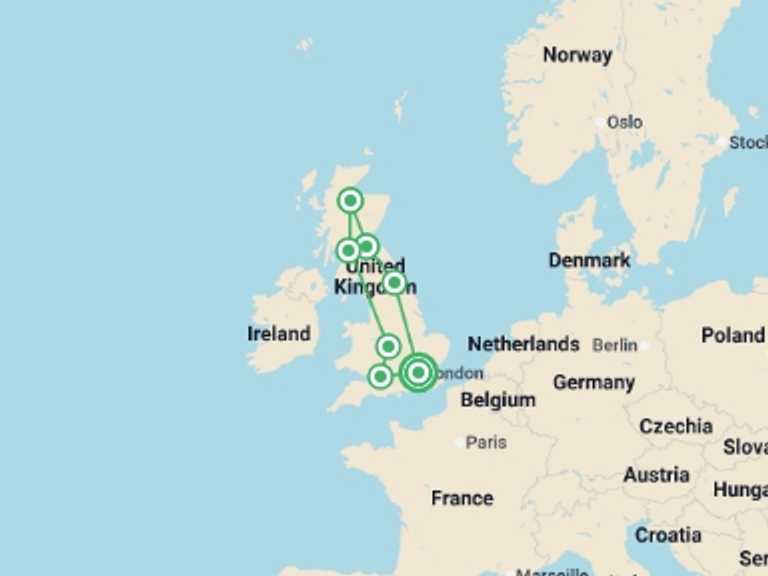 Map of England Tour with 7 destination visits for the trip: English and Scottish Heritage Explorer - 13 days