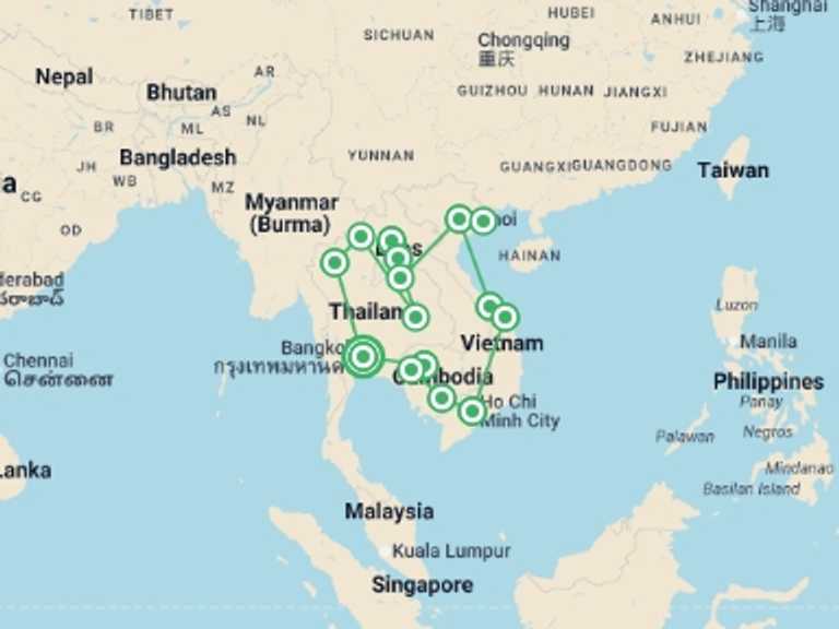 Map itinerary of Asia Tour in April 2027 with 15 destination visits for the trip: South East Asia Loop