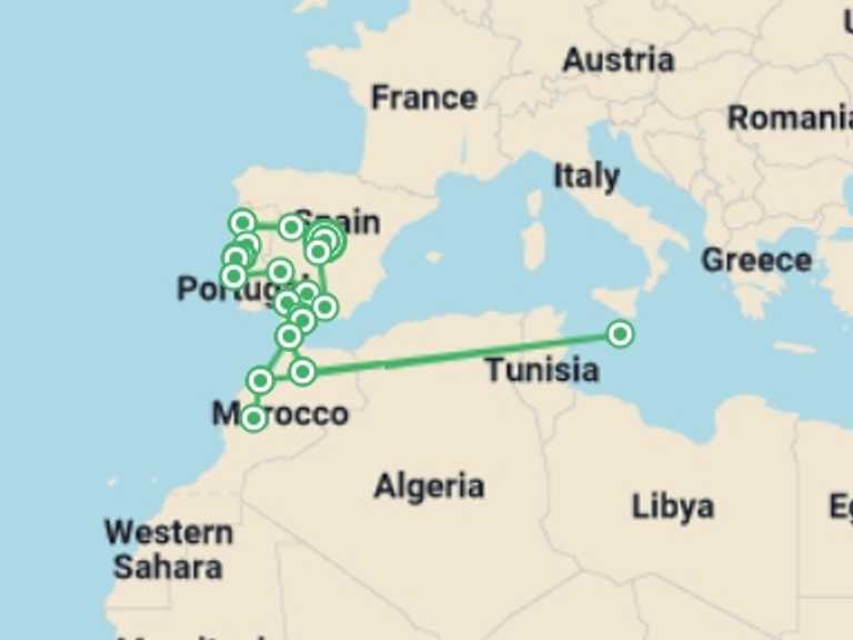 Map of Lisbon Sightseeing Tour with 11 destination visits for the trip: Spain, Portugal & Morocco (bilingual)