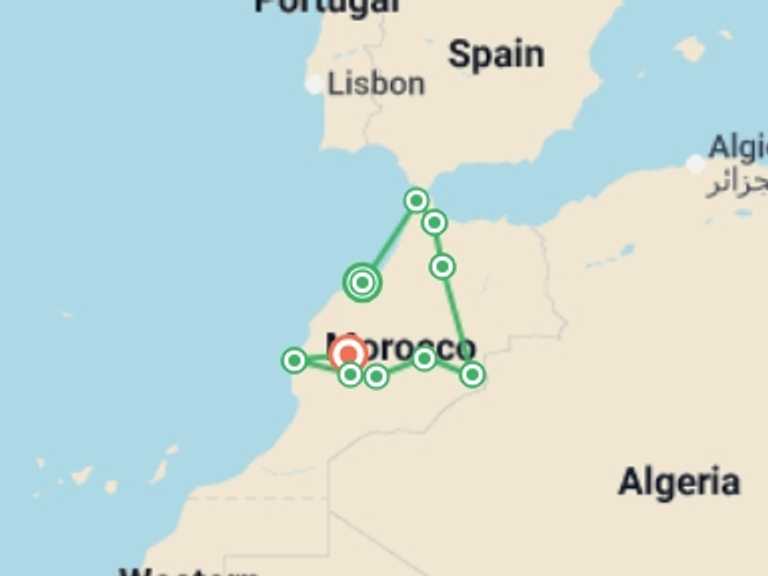 Map of Mediterranean Tour with 9 destination visits for the trip: Highlights of Morocco