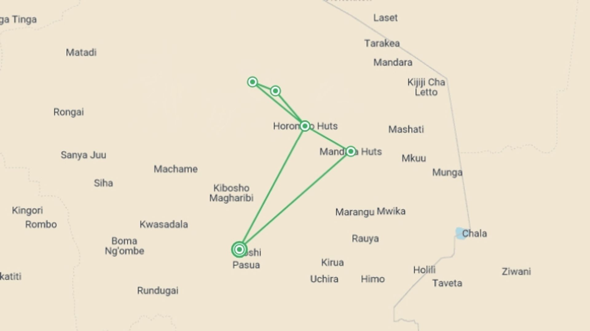 A map showing the tour itinerary for the trip: 6 Days Mount Kilimanjaro Trekking - Marangu Route, starting in Moshi, Tanzania and ending in Moshi, Tanzania going through 4 other destinations.