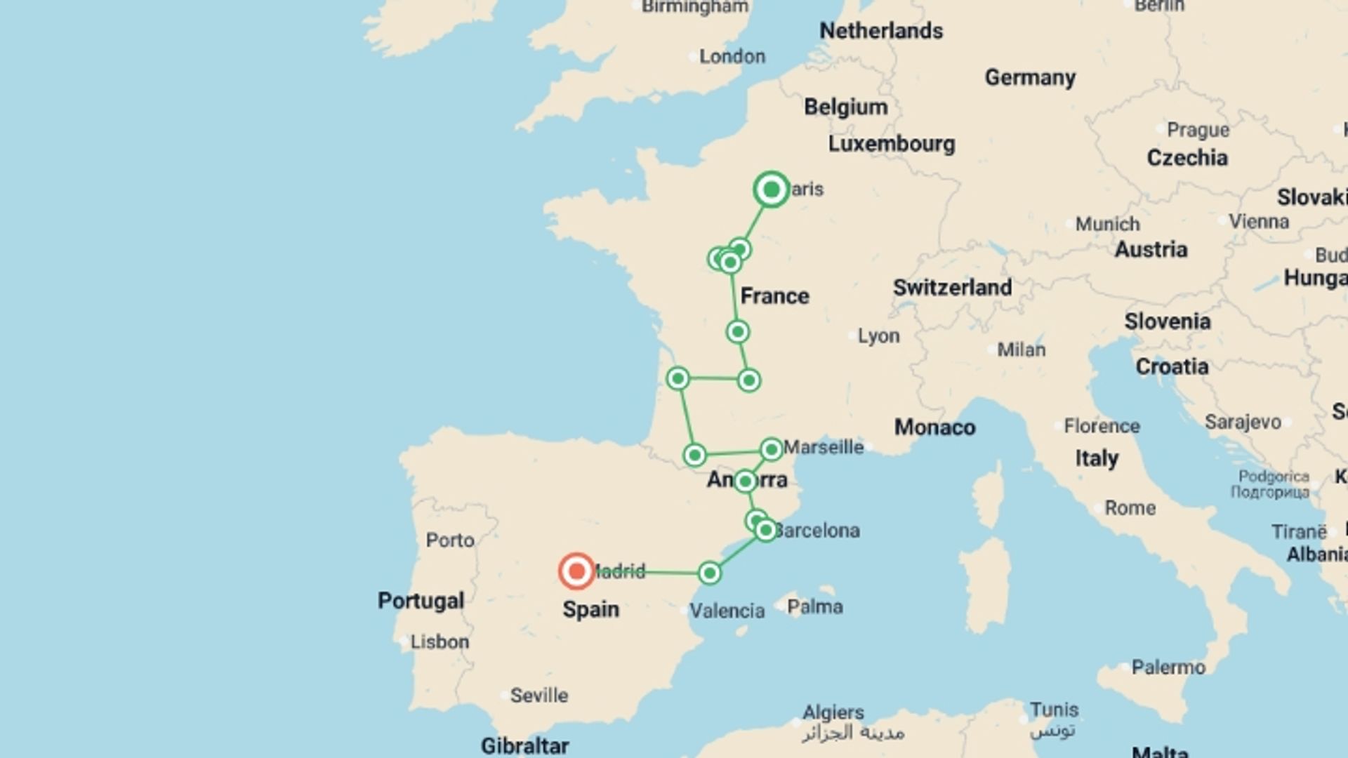 A map showing the tour itinerary for the trip: France and Spain, starting in Paris, France and ending in Madrid, Spain going through 7 other destinations.