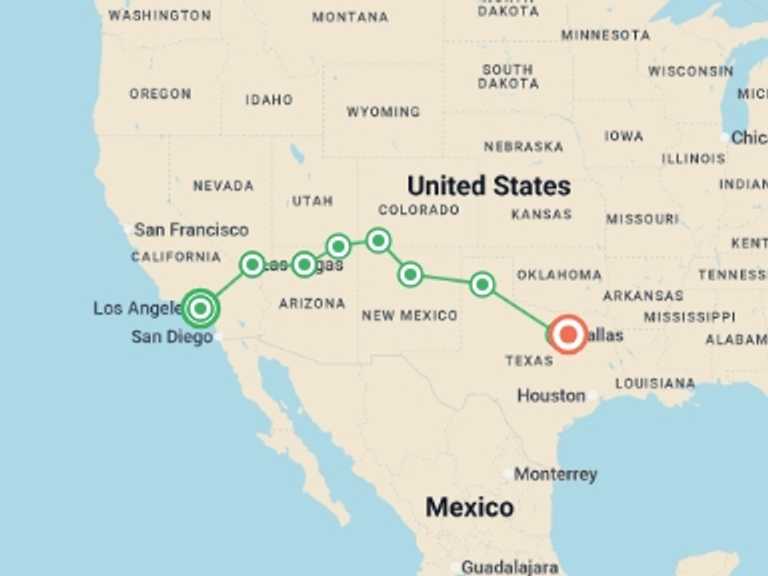 Map itinerary of USA Tour in Spring with 9 destination visits for the trip: USA: LA to Dallas