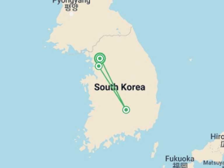 Map itinerary of South Korea Tour in Spring with 3 destination visits for the trip: Korea Express