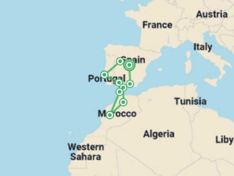 Map of Spain Tour with 9 destination visits for the trip: Highlights of Spain, Morocco and Portugal
