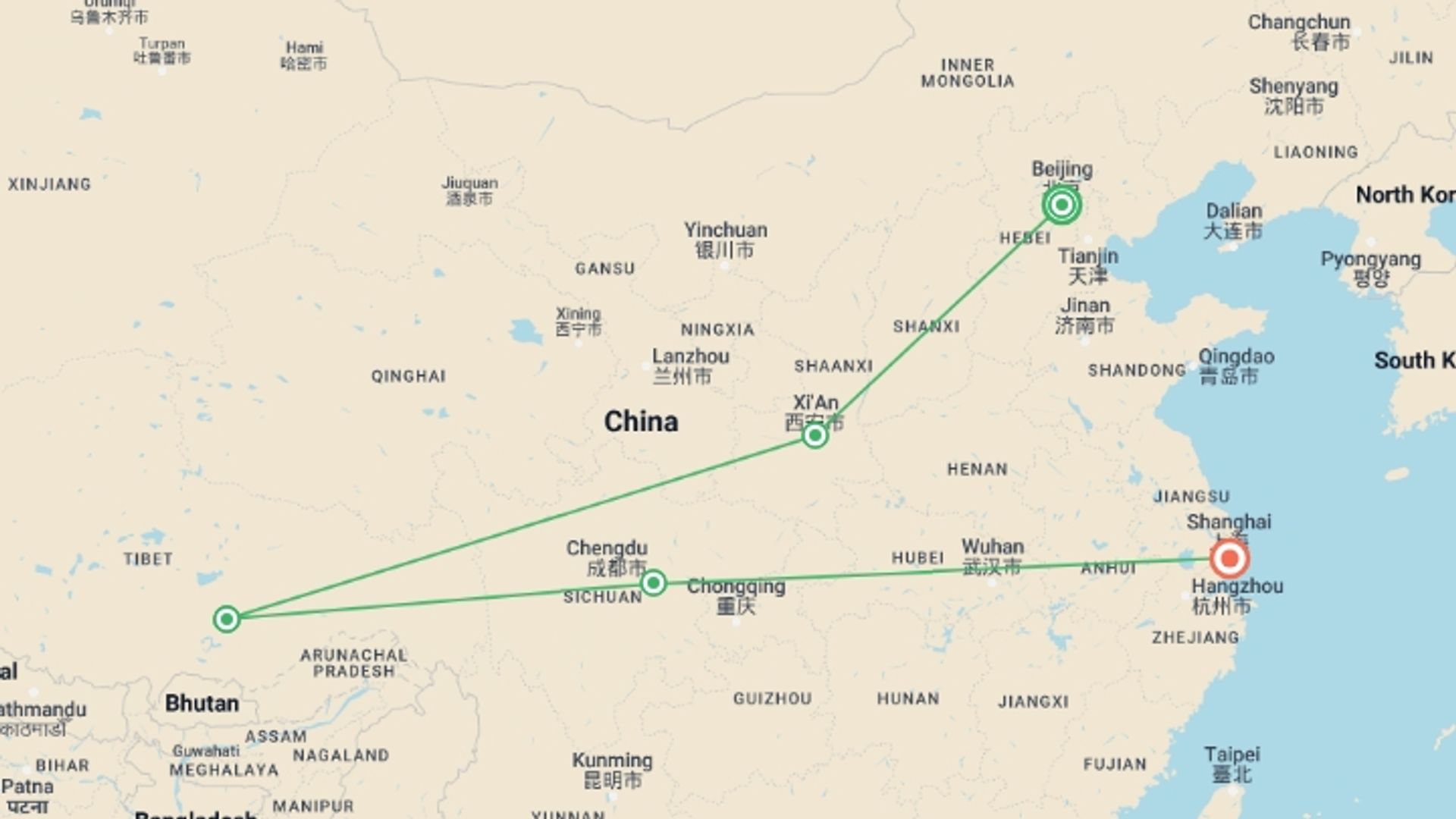 A map showing the tour itinerary for the trip: 13-Day China Classic Tour (with Tibet), starting in Beijing, China and ending in Shanghai, China going through 4 other destinations.