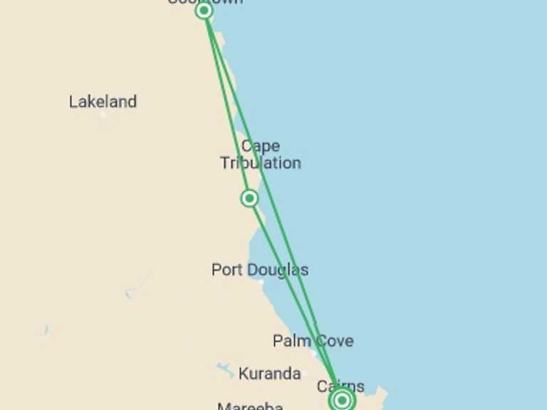 Map itinerary of Australia Tour in Spring with 3 destination visits for the trip: Cape Tribulation and Cooktown Wanderer