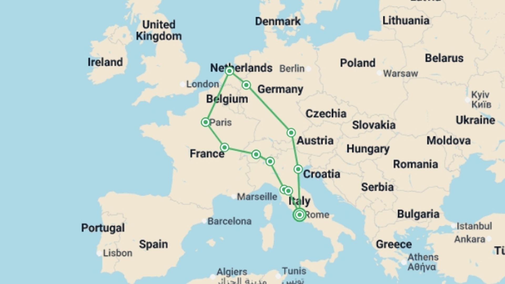 A map showing the tour itinerary for the trip: Europe Highlights, starting in Rome, Italy and ending in Rome, Italy going through 10 other destinations.