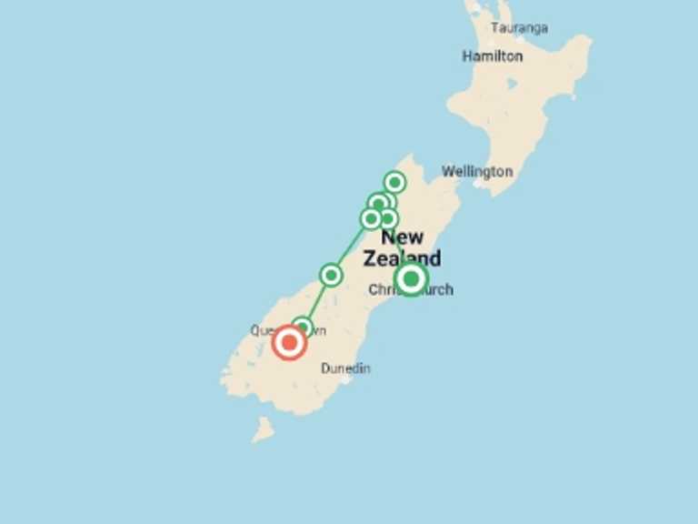 Map itinerary of Oceania Tour in May 2027 with 7 destination visits for the trip: New Zealand West Coast Adventure