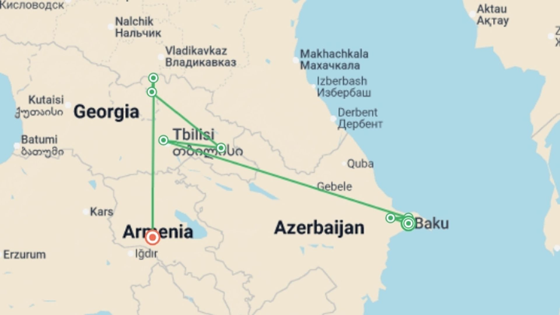 A map showing the tour itinerary for the trip: Caucasus Discovery, starting in Baku, Azerbaijan and ending in Yerevan, Armenia going through 5 other destinations.