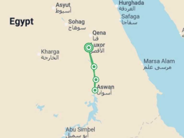 Map itinerary of Egypt Tour in November 2026 with 4 destination visits for the trip: Cruise on the Nile: The Land of the Pharaohs (port-to-port cruise)