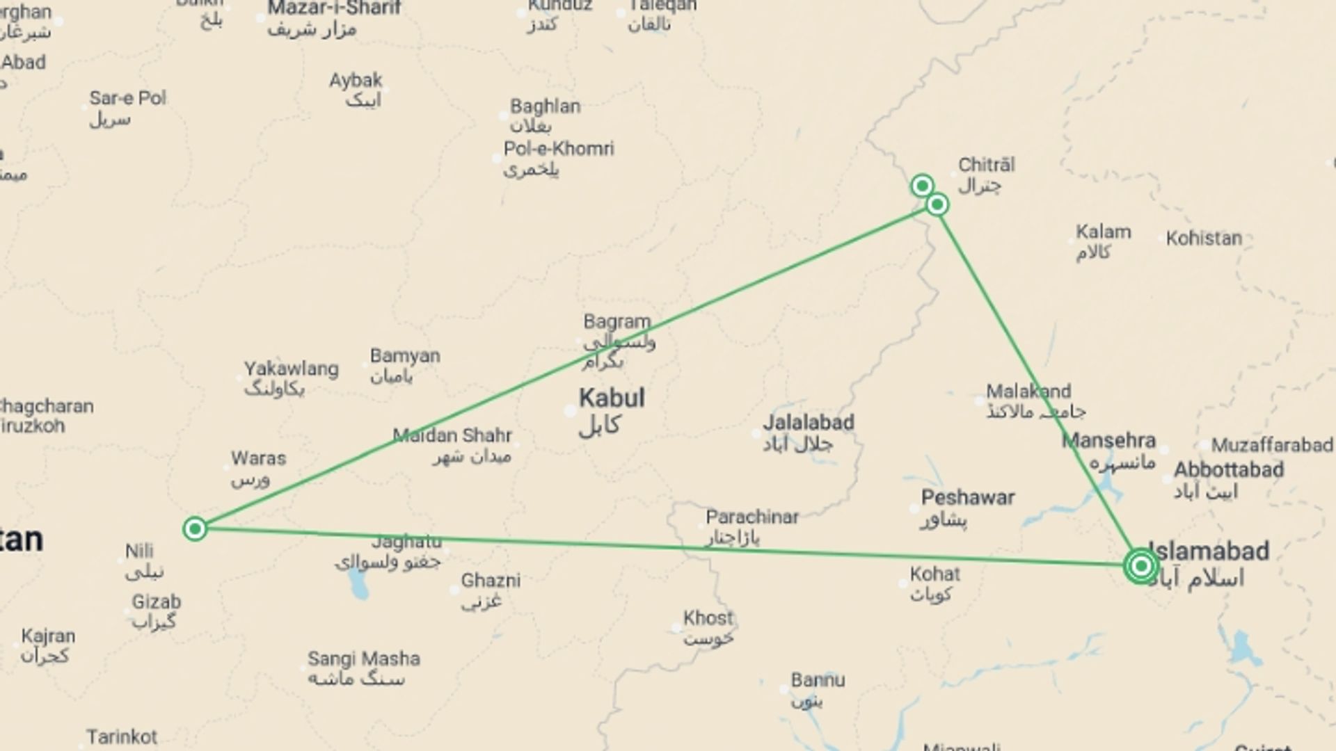 A map showing the tour itinerary for the trip: Islamabad & Pakistan Explorer - 8 days, starting in Islamabad, Pakistan and ending in Islamabad, Pakistan going through 3 other destinations.
