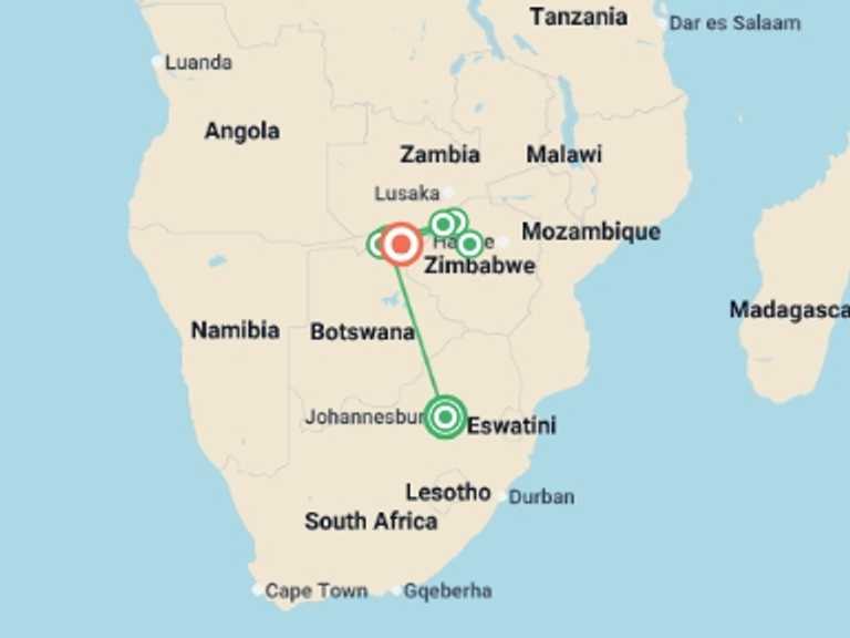 Map itinerary of Southern Africa Tour in February 2026 with 7 destination visits for the trip: Safari Cruise along the Zambezi River - South Africa, Botswana, Namibia, Zimbabwe (port-to-port cruise)