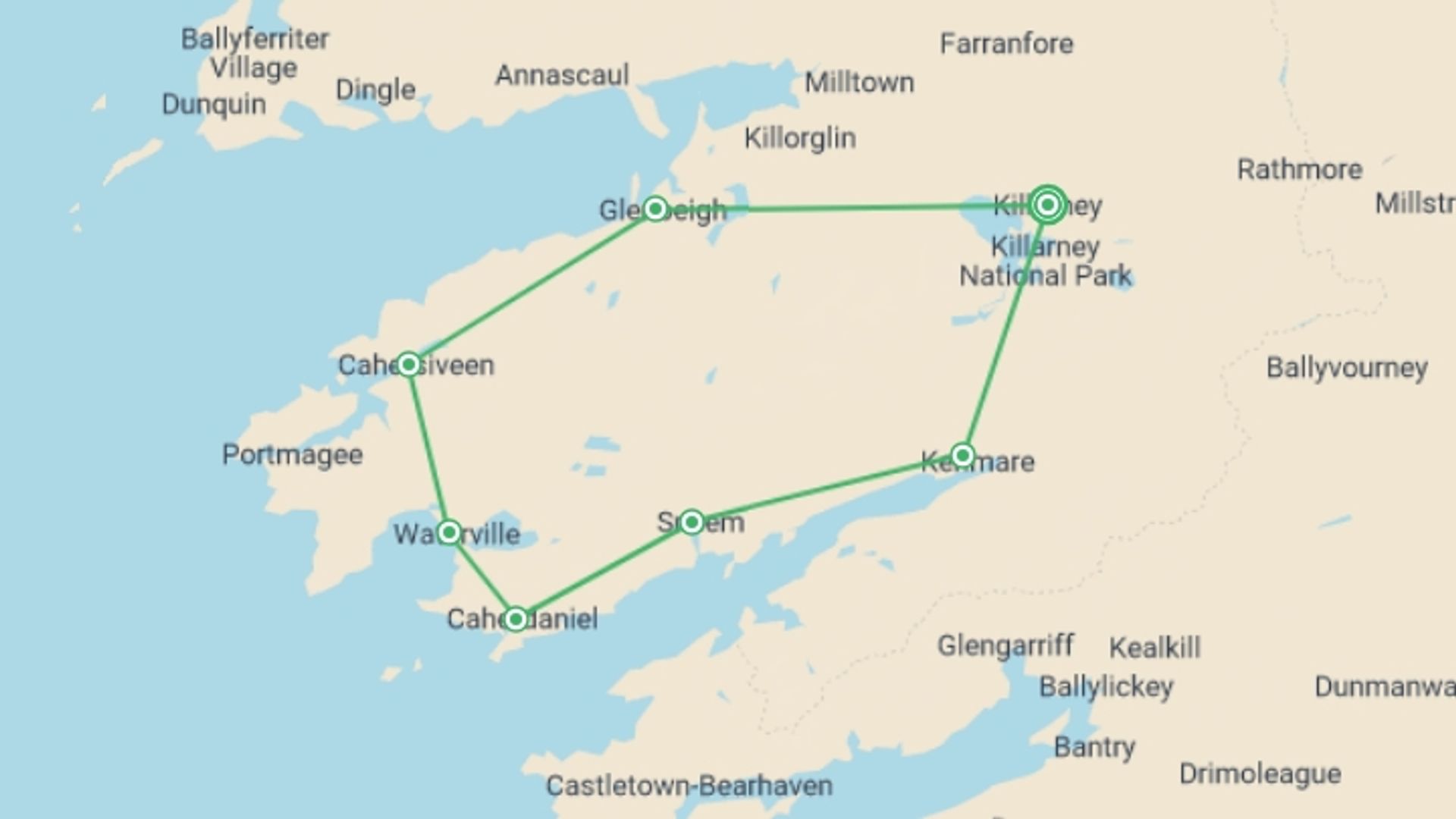 A map showing the tour itinerary for the trip: Walking the Kerry Way and Killarney National Park, starting in Killarney, Ireland and ending in Killarney, Ireland going through 5 other destinations.