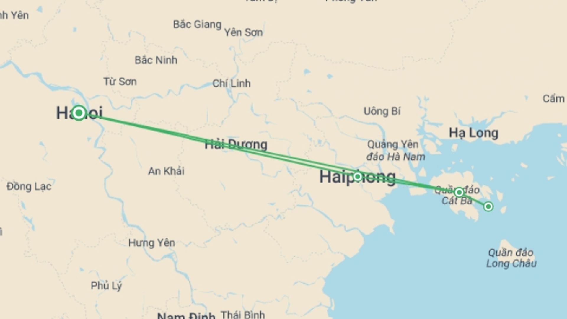 A map showing the tour itinerary for the trip: Cat Ba Trekking & Kayaking 3 Days 2 Nights, starting in Hanoi, Vietnam and ending in Hanoi, Vietnam going through 1 other destinations.
