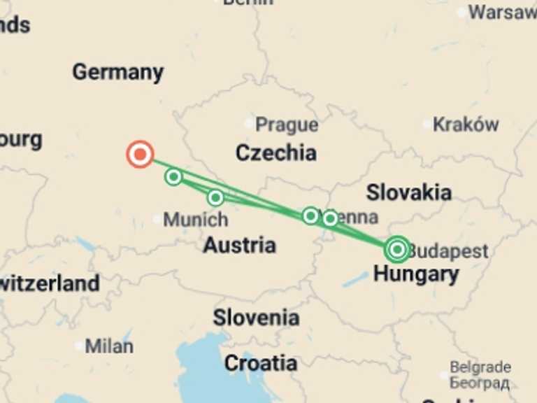 Map itinerary of Europe Tour in April 2027 with 6 destination visits for the trip: Delightful Danube (2027)