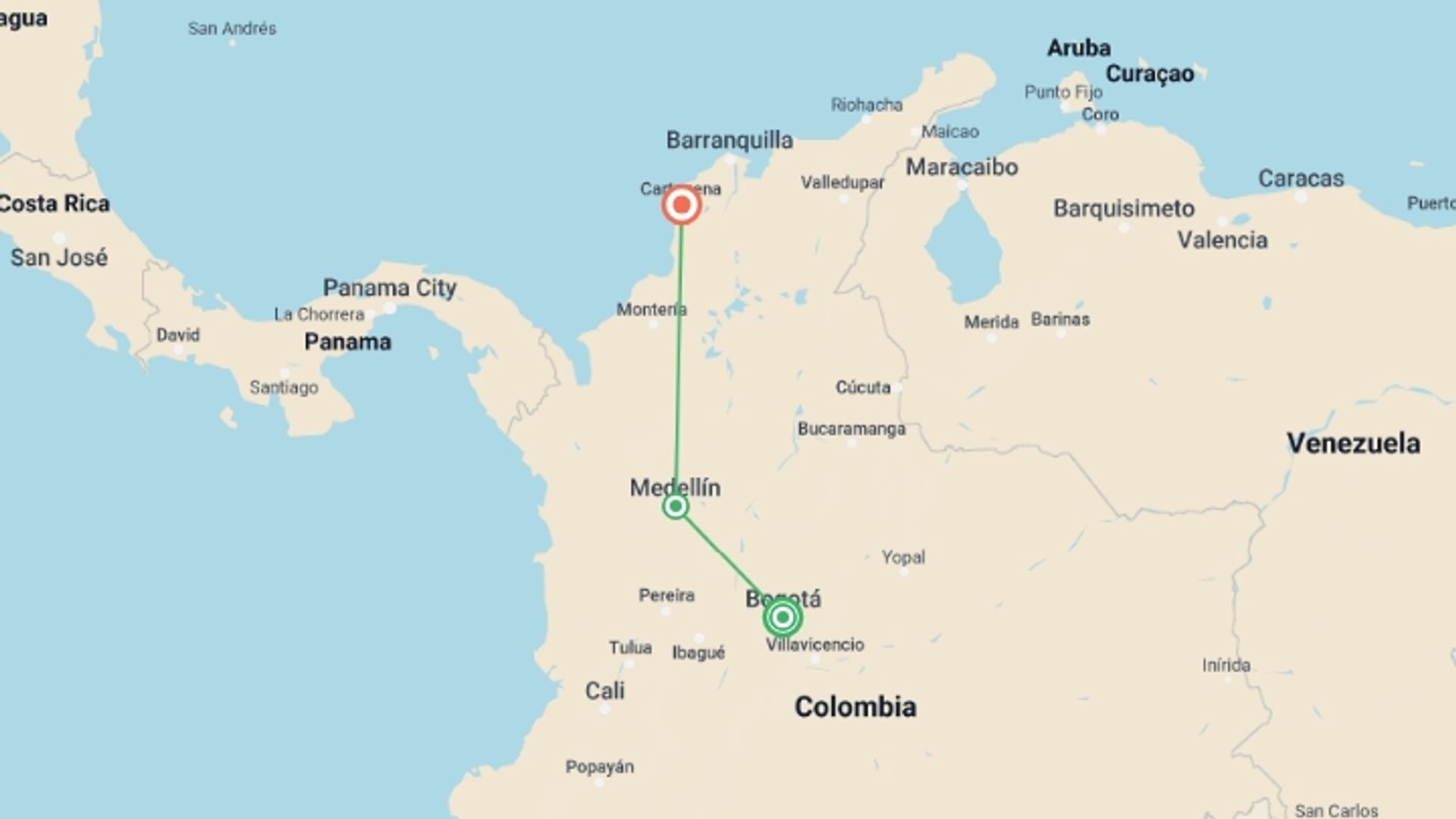 A map showing the tour itinerary for the trip: Colombian Highlights, starting in Bogota, Colombia and ending in Cartagena, Colombia going through 1 other destinations.