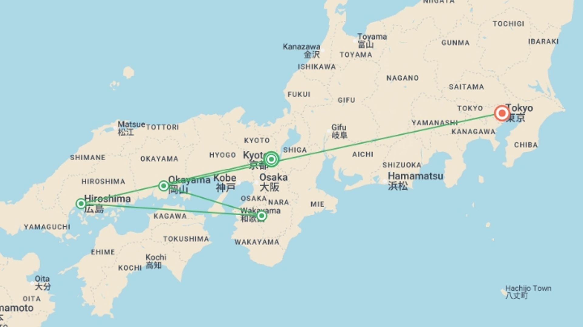A map showing the tour itinerary for the trip: Signature Japan | Through Temples & Time, starting in Kyoto, Japan and ending in Tokyo, Japan going through 3 other destinations.