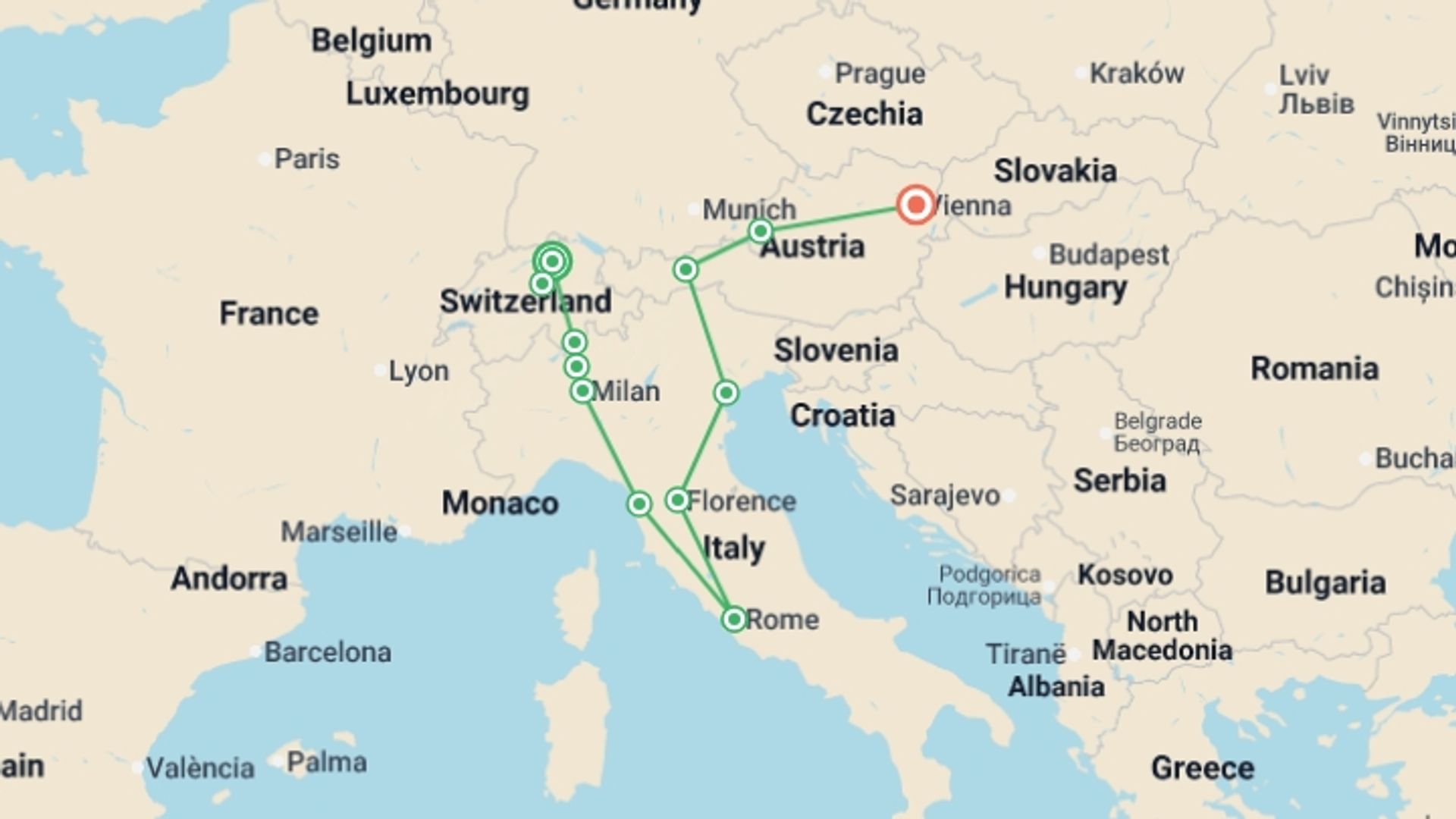 A map showing the tour itinerary for the trip: A European Odyssey, starting in Zurich, Switzerland and ending in Vienna, Austria going through 5 other destinations.