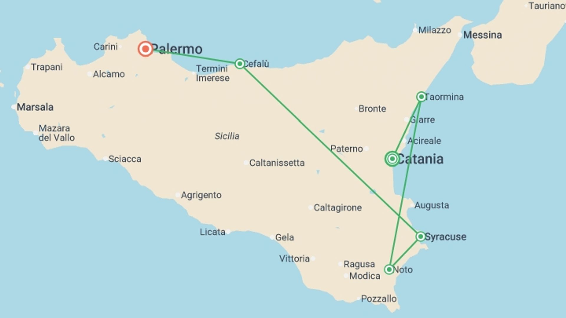 A map showing the tour itinerary for the trip: Real Sicily, starting in Catania, Italy and ending in Palermo, Italy going through 4 other destinations.
