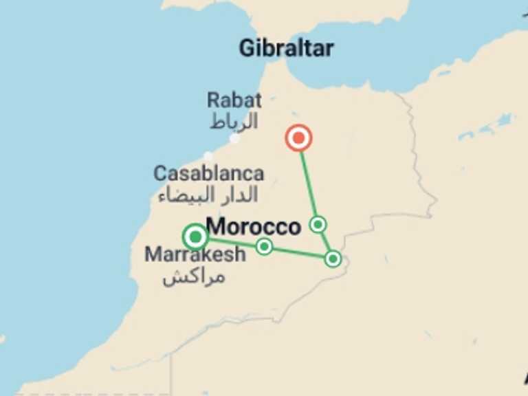 Map itinerary of Marrakech Tour in May 2027 with 5 destination visits for the trip: 3 Days Sahara Desert tour from Marrakech to Fes