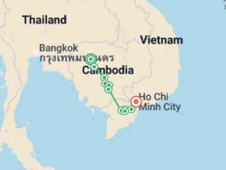 Map of Asia Tour with 7 destination visits for the trip: From the Angkor Temples to the Mekong Delta (port-to-port cruise)