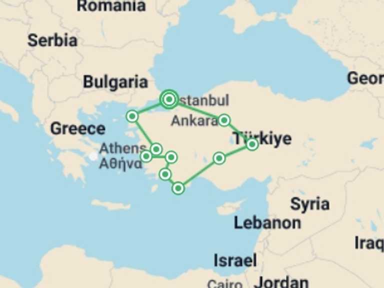 Map itinerary of Turkey Tour in Summer with 13 destination visits for the trip: Turkey in Depth