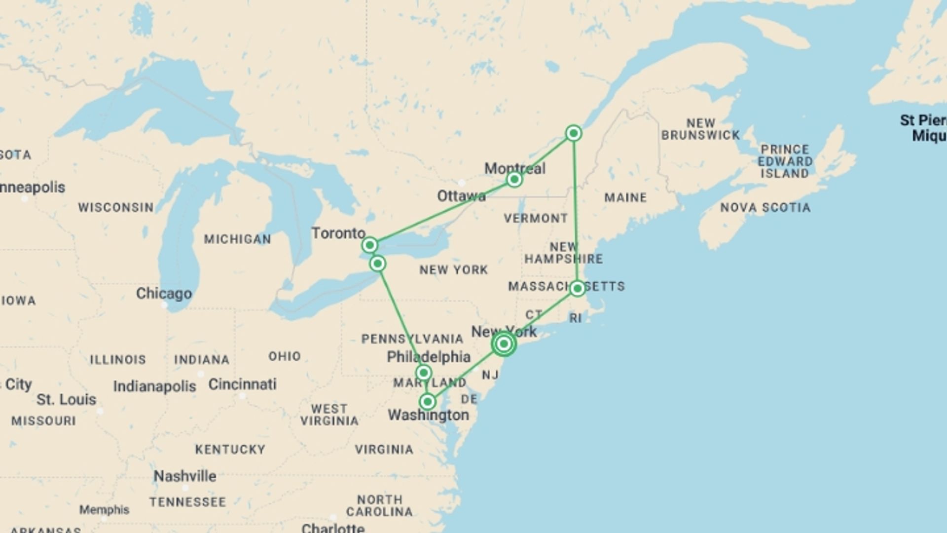 A map showing the tour itinerary for the trip: Eastern Discovery, starting in New York, USA and ending in New York, USA going through 7 other destinations.