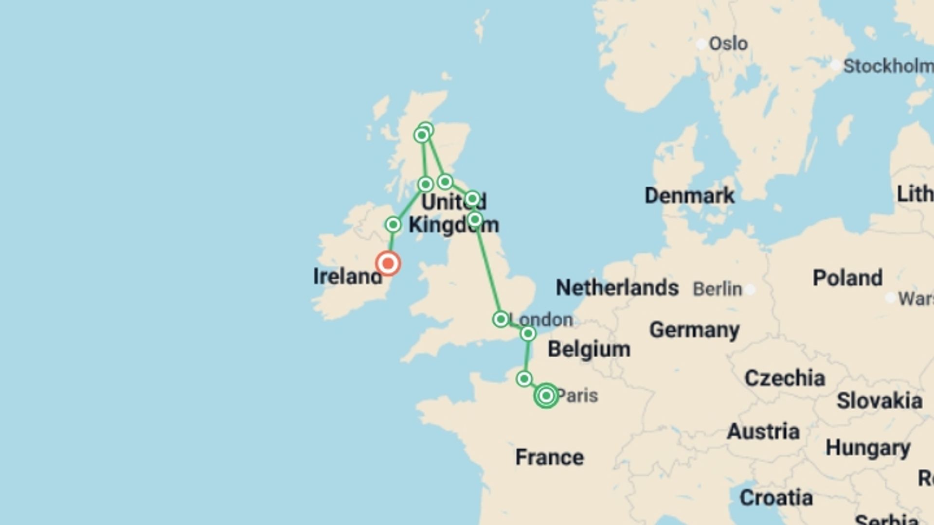 A map showing the tour itinerary for the trip: Solo Lite Best of Britain Ireland France & Italy, starting in Paris, France and ending in Dublin, Ireland going through 5 other destinations.