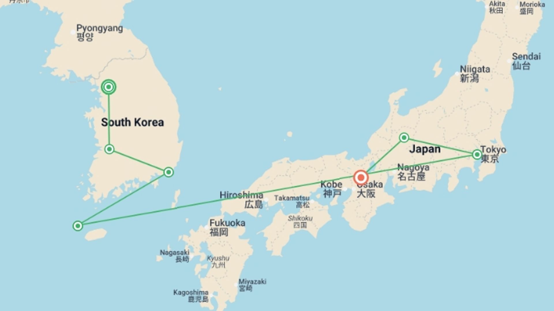 A map showing the tour itinerary for the trip: Korea to Japan: Epic Eats & Bright City Lights, starting in Seoul, South Korea and ending in Kyoto, Japan going through 5 other destinations.