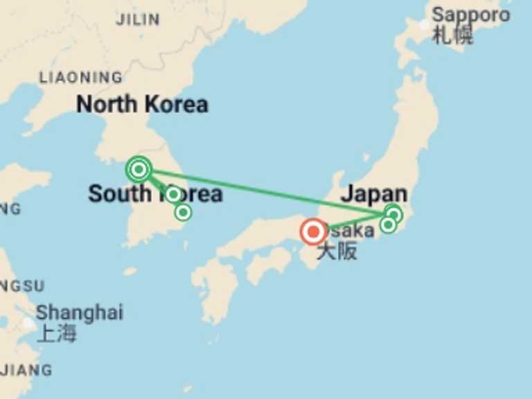 Map itinerary of Asia Tour in October 2026 with 6 destination visits for the trip: South Korea & Japan Discovery - 14 Days