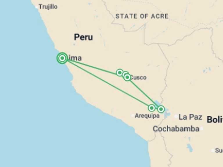 Map itinerary of South America Tour in February 2026 with 4 destination visits for the trip: Lima to the Lost City & Lake Titicaca - 11 days