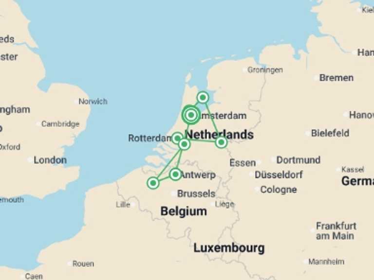 Map of a Beach, romance, getaways and relaxation Tour with 8 destination visits for the trip: Tulips & Windmills (2027)