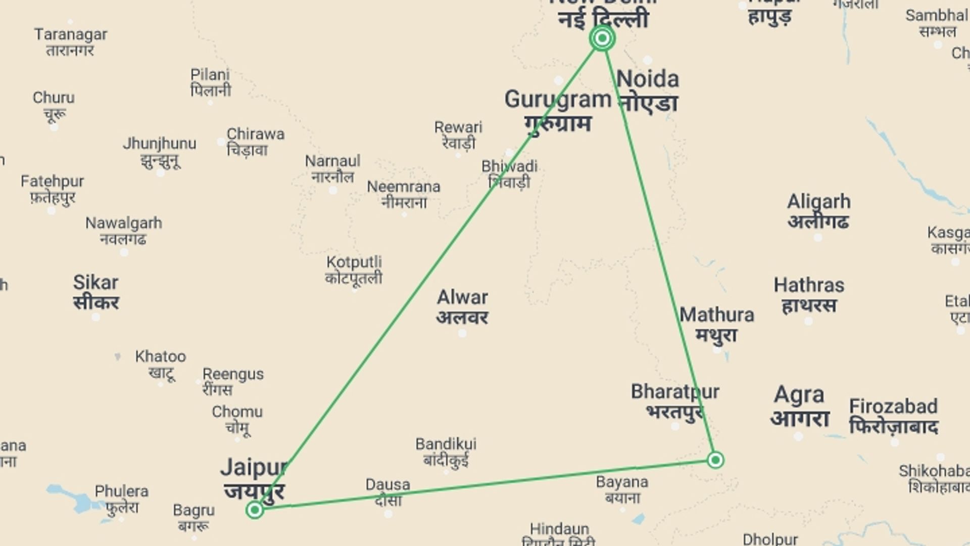 A map showing the tour itinerary for the trip: Incredible India, starting in New Delhi, India and ending in New Delhi, India going through 2 other destinations.