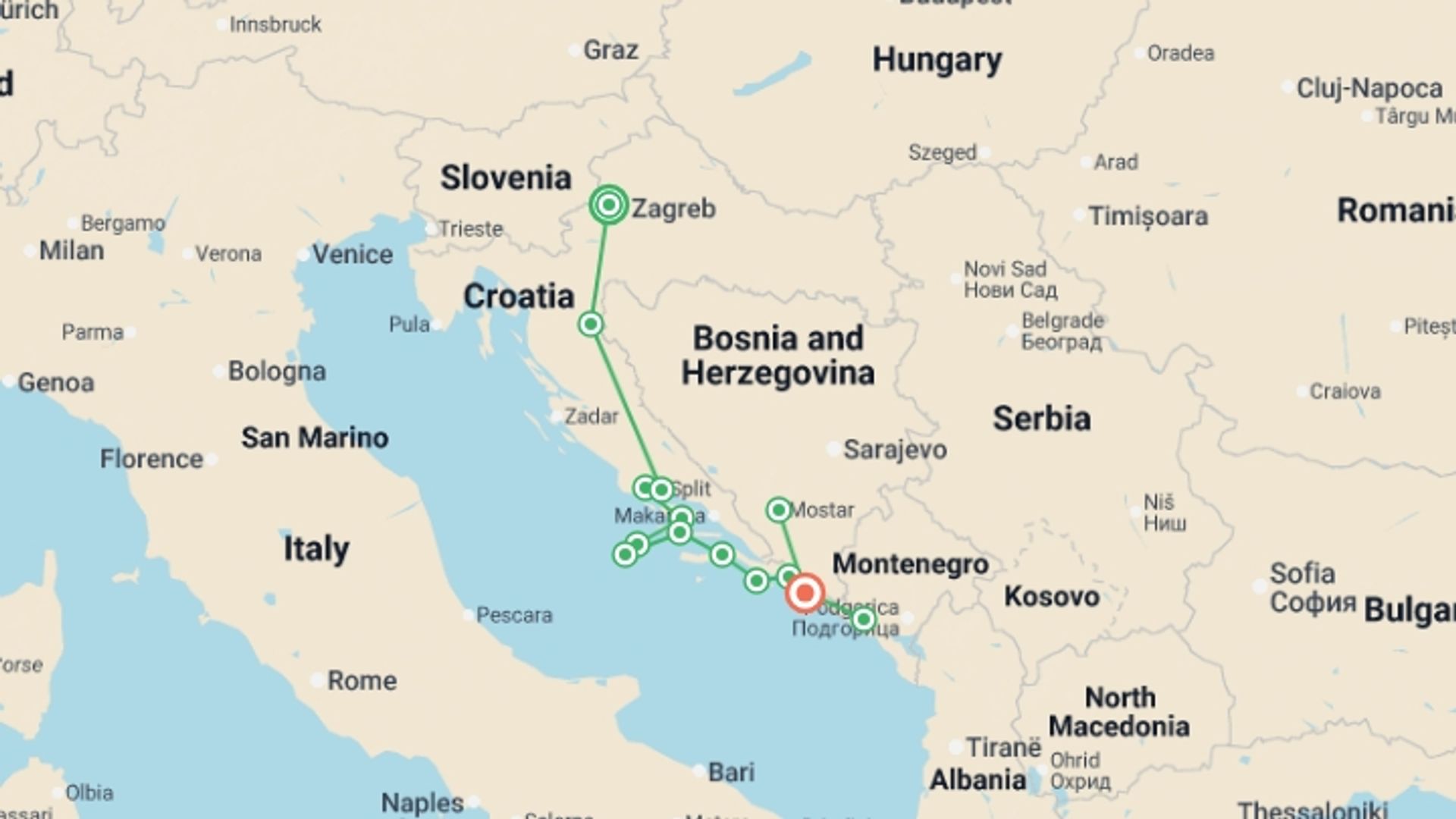 A map showing the tour itinerary for the trip: Adriatic Wonders (Deluxe) - 14 days, starting in Zagreb, Croatia and ending in Dubrovnik, Croatia going through 7 other destinations.