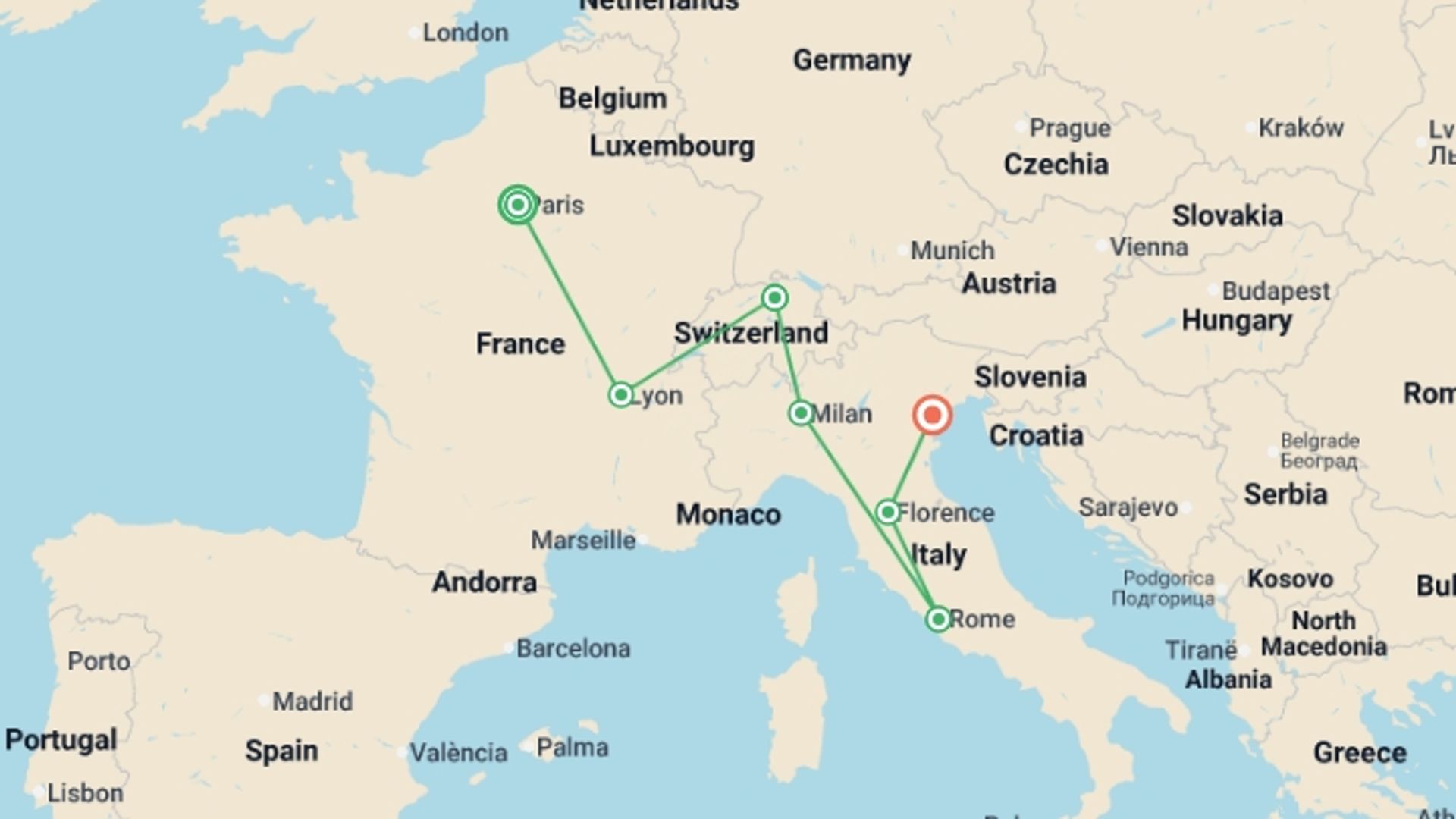 A map showing the tour itinerary for the trip: Harmonious Europe GO, starting in Paris, France and ending in Venice, Italy going through 5 other destinations.