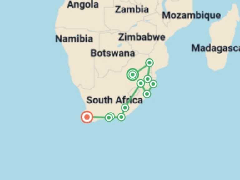 Map itinerary of Africa Tour in April 2027 with 11 destination visits for the trip: Best of South Africa