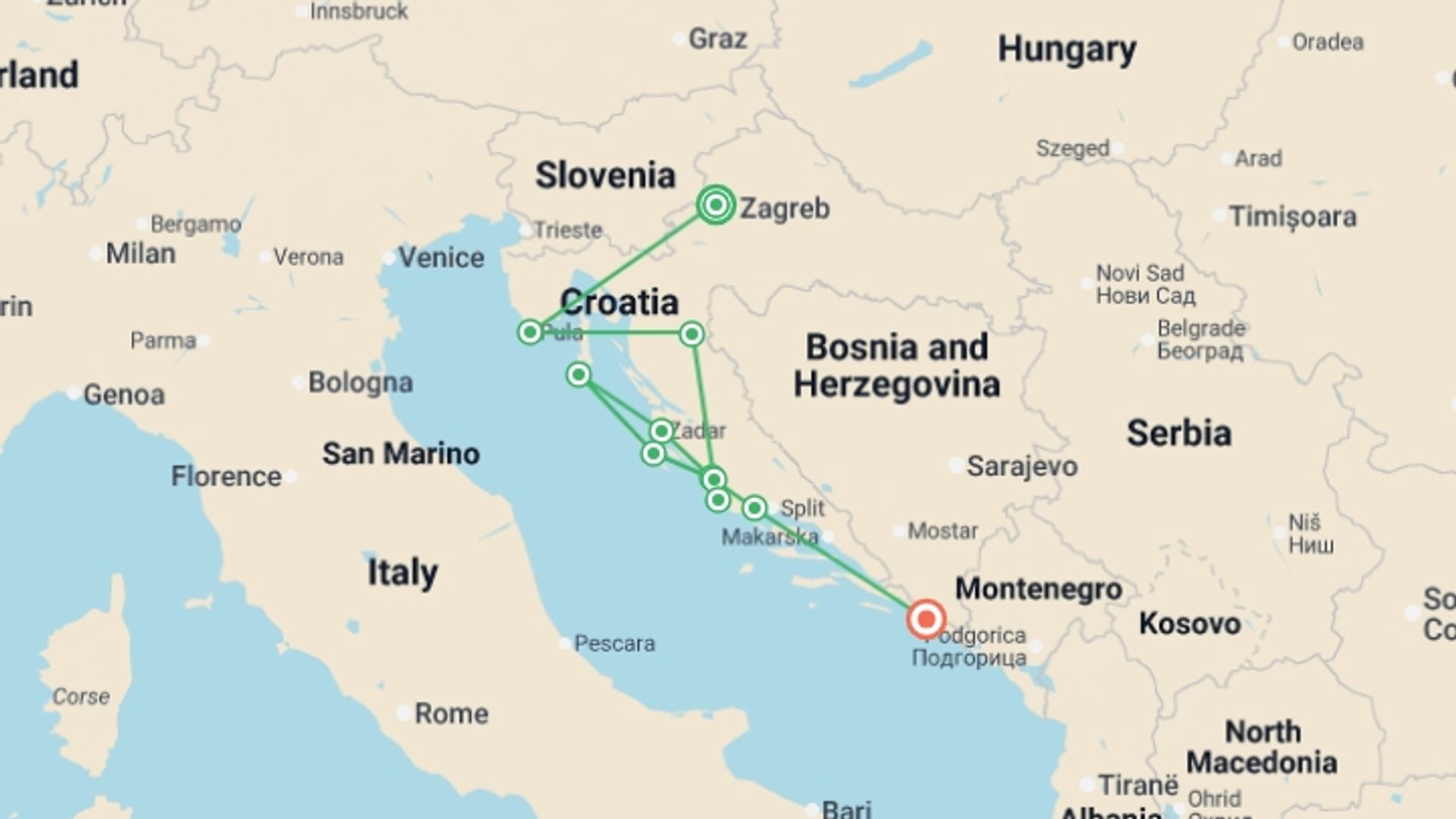 A map showing the tour itinerary for the trip: Croatia and the Dalmatian Coast, starting in Zagreb, Croatia and ending in Dubrovnik, Croatia going through 9 other destinations.
