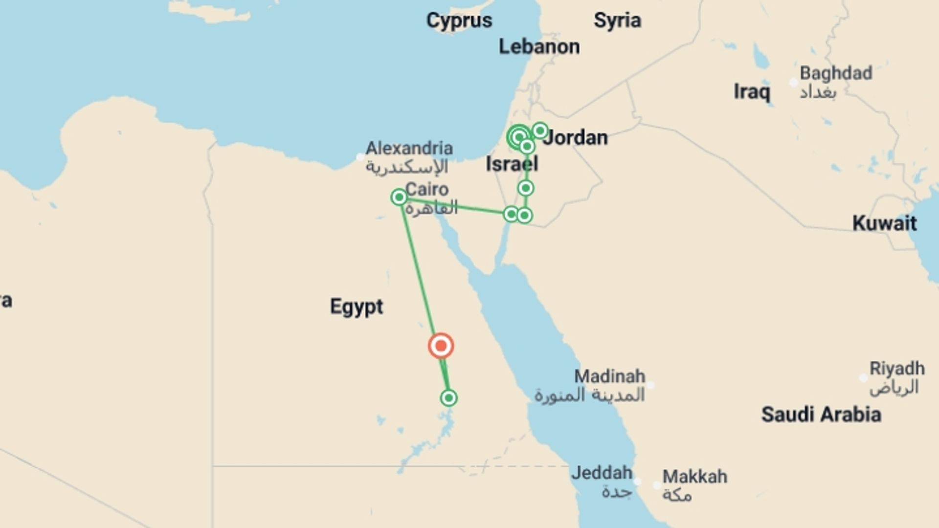 A map showing the tour itinerary for the trip: Jerusalem, Jordan and the Nile Valley, starting in Jerusalem, Israel and ending in Luxor, Egypt going through 7 other destinations.