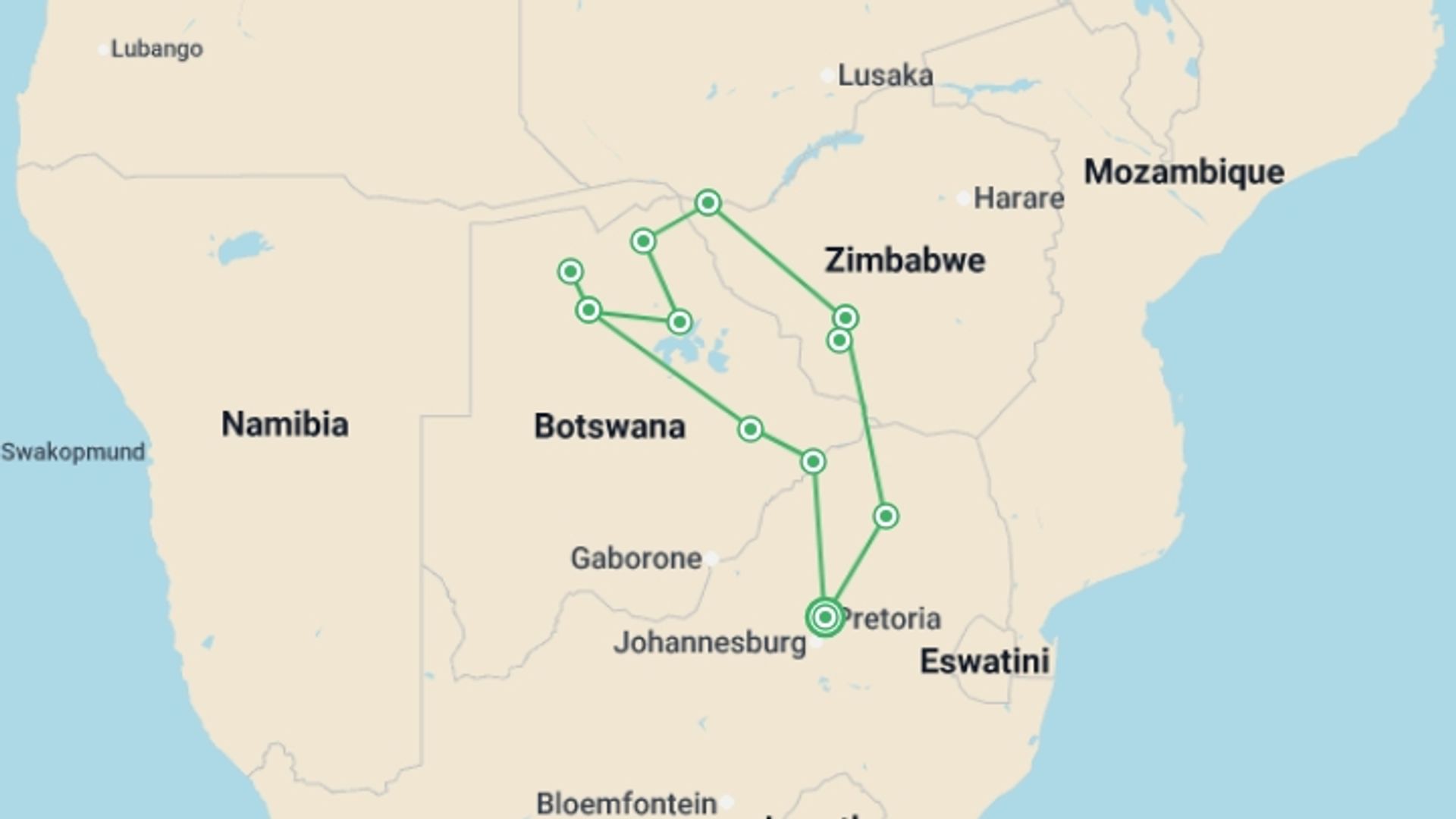 A map showing the tour itinerary for the trip: 12-day Delta, Chobe  Victoria Falls Accommodated, starting in Pretoria, South Africa and ending in Pretoria, South Africa going through 9 other destinations.