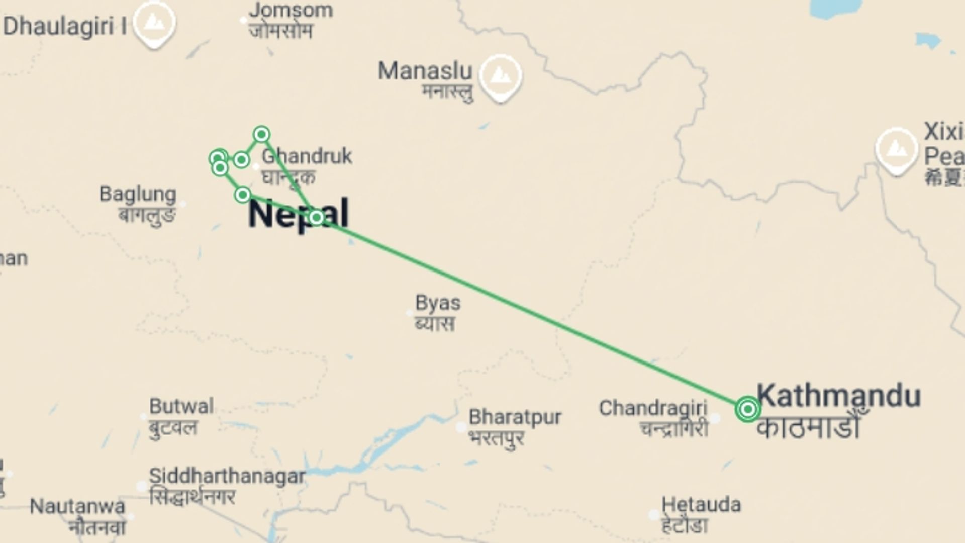 A map showing the tour itinerary for the trip: Annapurna Trek in Comfort, starting in Kathmandu, Nepal and ending in Kathmandu, Nepal going through 5 other destinations.