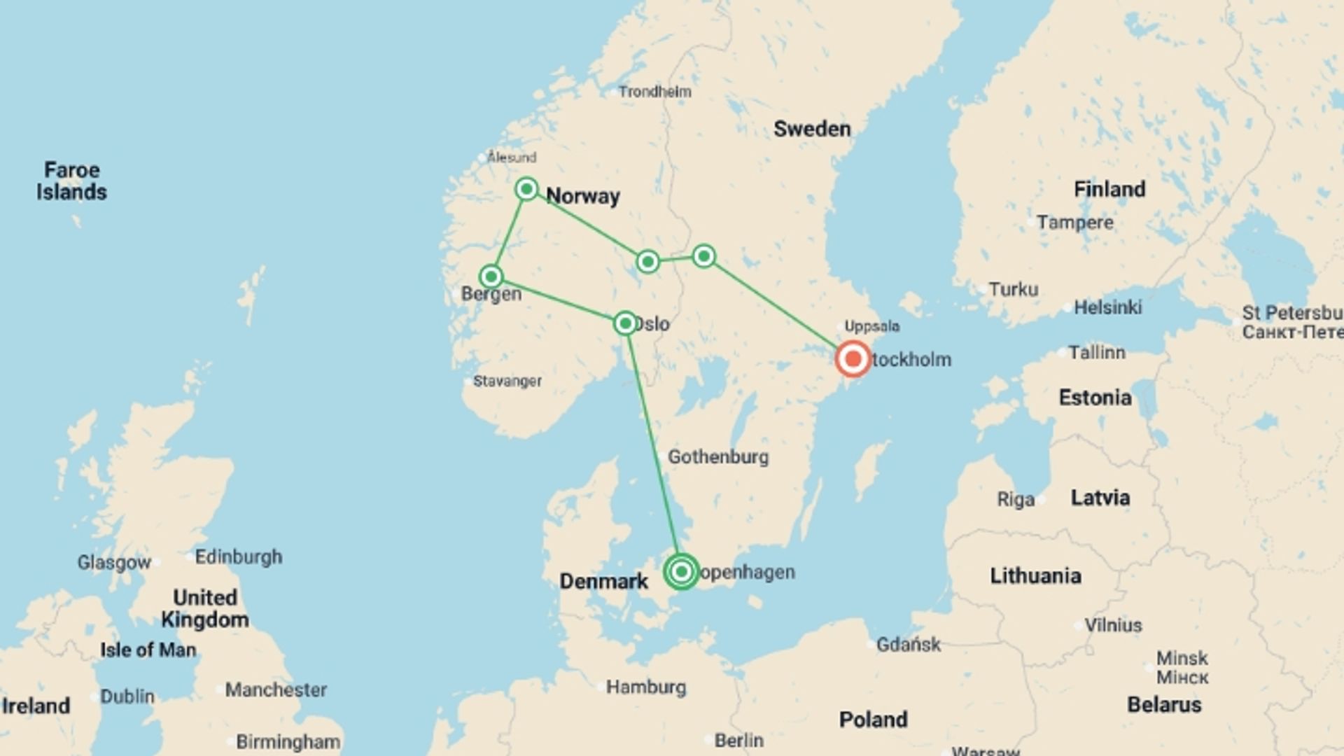 A map showing the tour itinerary for the trip: Scandinavia Reunion 35 to 45, starting in Copenhagen, Denmark and ending in Stockholm, Sweden going through 5 other destinations.