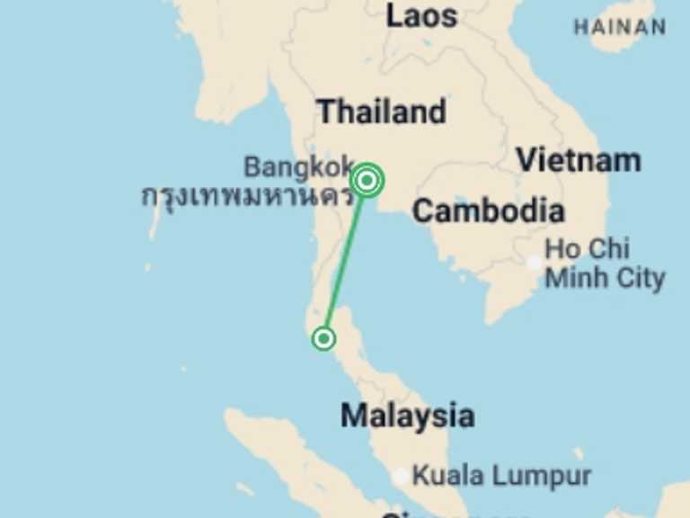 Map itinerary of Asia Tour in Winter with 2 destination visits for the trip: Bangkok Basics & Krabi Beach Package, Small Group Tour