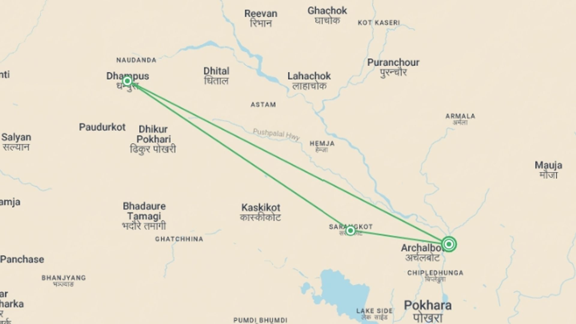 A map showing the tour itinerary for the trip: Dhampus Sarangkot (Short Annapurna Trek), starting in Pokhara, Nepal and ending in Pokhara, Nepal going through 2 other destinations.