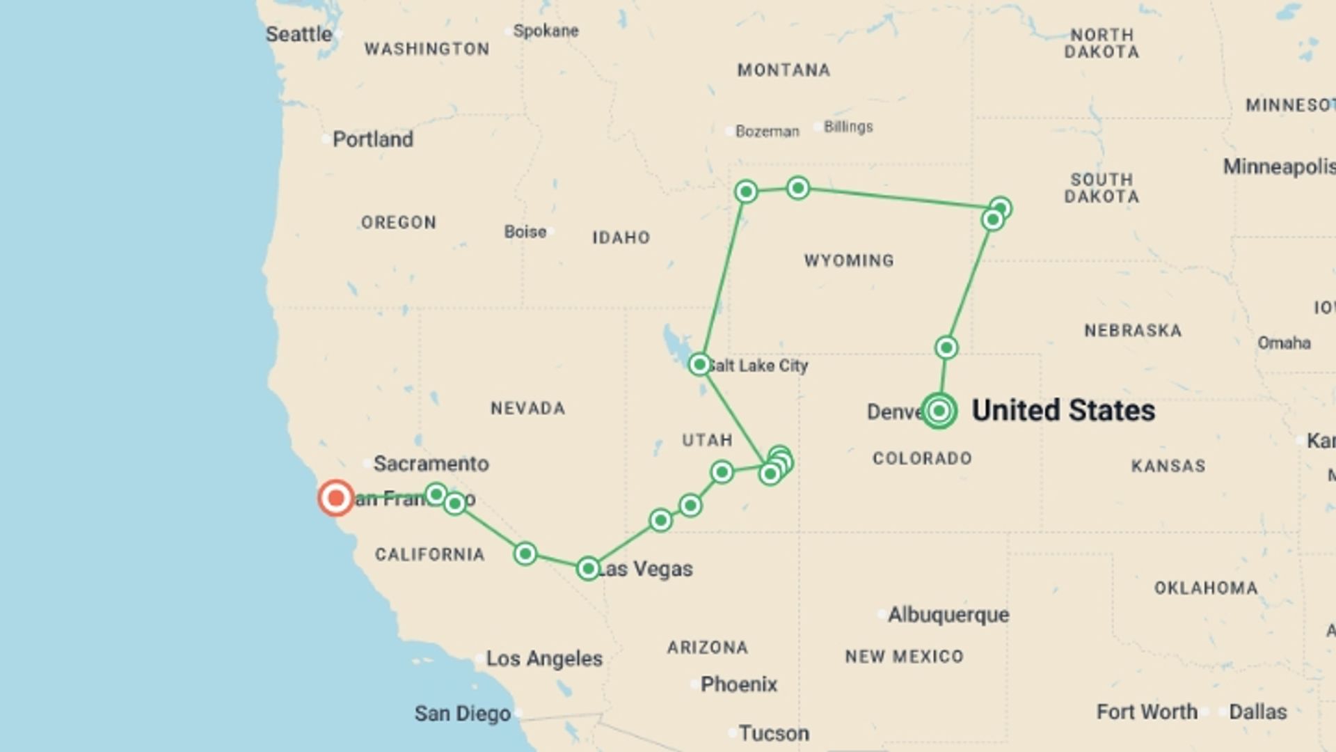 A map showing the tour itinerary for the trip: U.S. National Parks - The Rockies to San Francisco, starting in Denver, USA and ending in San Francisco, USA going through 11 other destinations.
