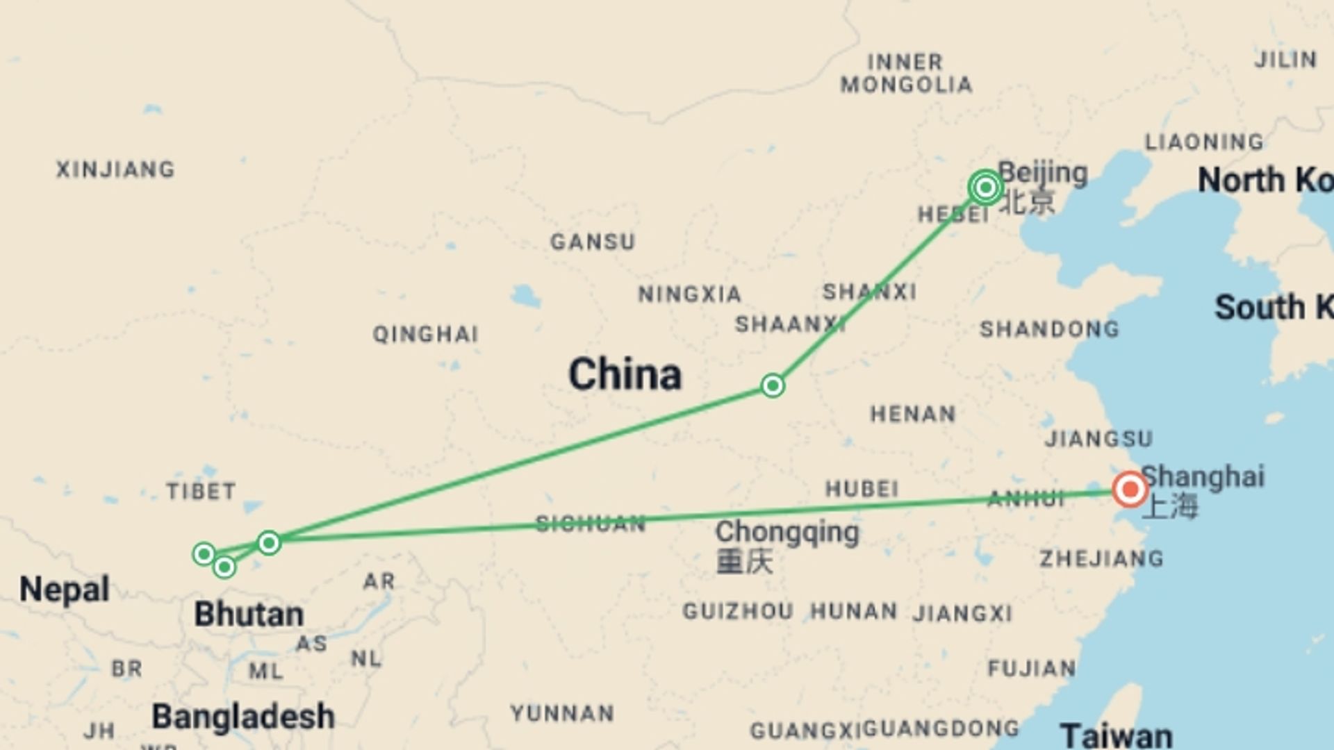 A map showing the tour itinerary for the trip: Beijing, Xi’an, Lhasa & Shanghai (4-5 Star) - 13 days , starting in Beijing, China and ending in Shanghai, China going through 3 other destinations.