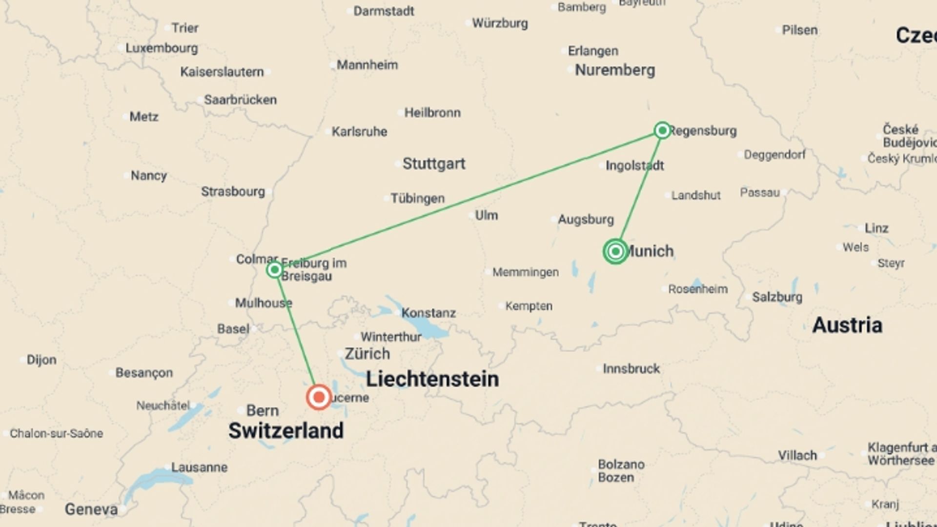 A map showing the tour itinerary for the trip: Enchanting Christmas Markets of Germany, Switzerland and France, starting in Munich, Germany and ending in Lucerne, Switzerland going through 2 other destinations.