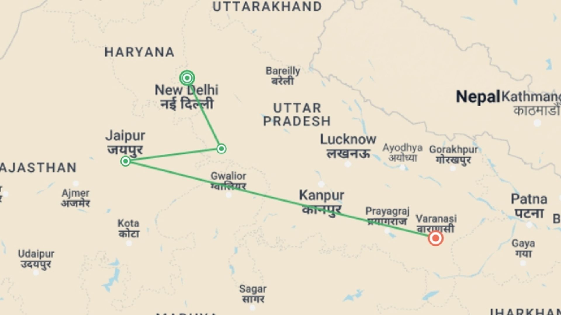 A map showing the tour itinerary for the trip: Golden Triangle & Varanasi Tour, starting in New Delhi, India and ending in Varanasi, India going through 2 other destinations.