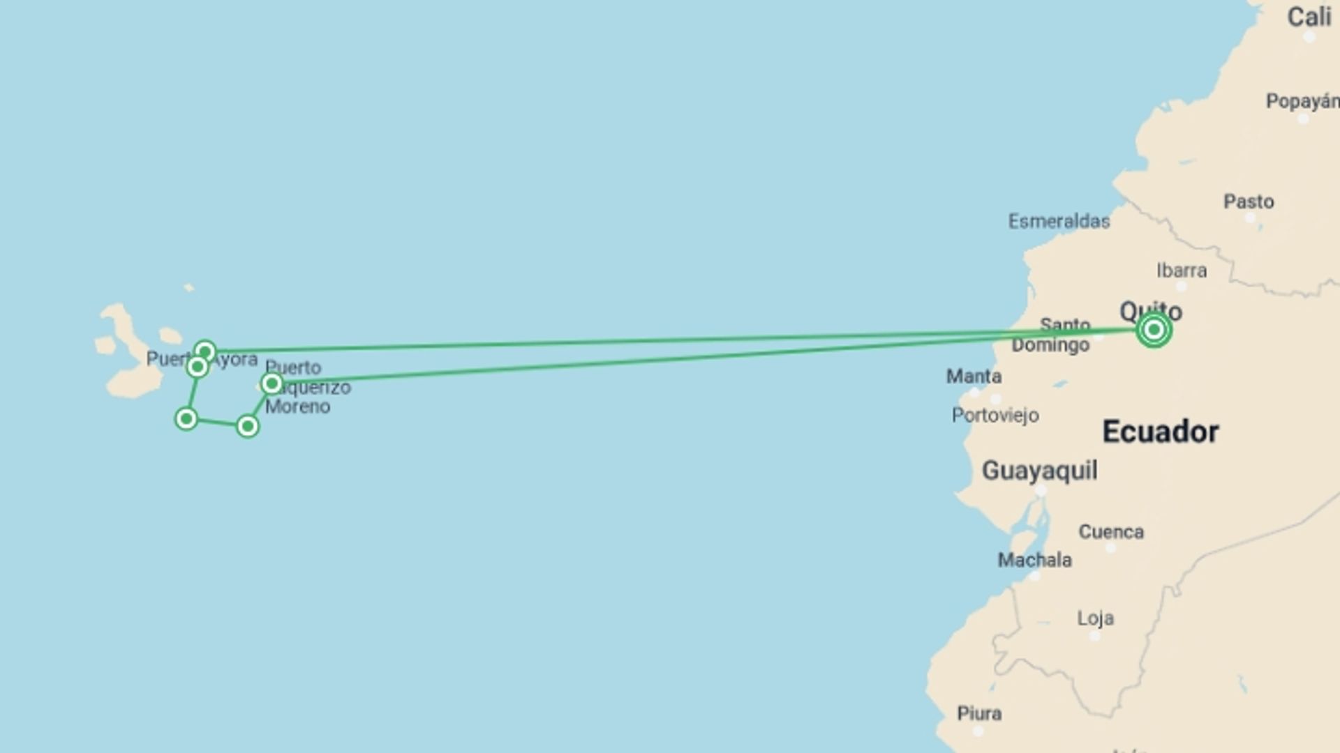 A map showing the tour itinerary for the trip: Highlights of Quito and Galapagos Cruise, starting in Quito, Ecuador and ending in Quito, Ecuador going through 4 other destinations.